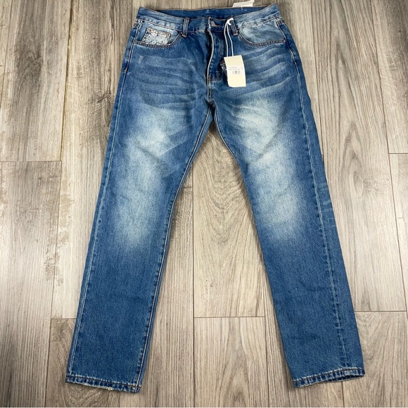 NWT MNML denim Paisley patch fading button fly size 34 men’s jeans - Picture 1 of 10